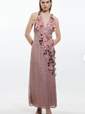 Pink Karen Millen Embellished Embroidered Floral Halter Event Dress